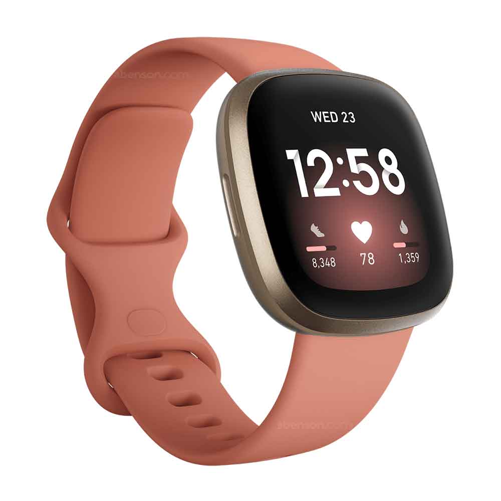 Fitbit Versa 3 Pink Clay Soft Gold Aluminum Health Fitness and GPS Tracker Wristband Wearables Mobile Abenson